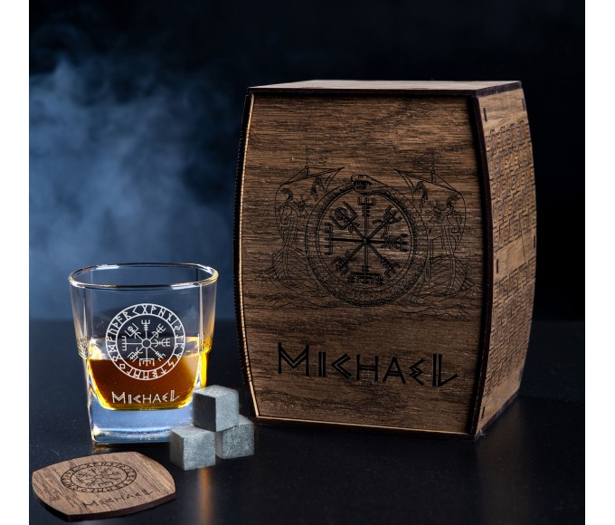 Vegvisir, runic compass, ouroboros, Viking, Personalized whiskey gift set