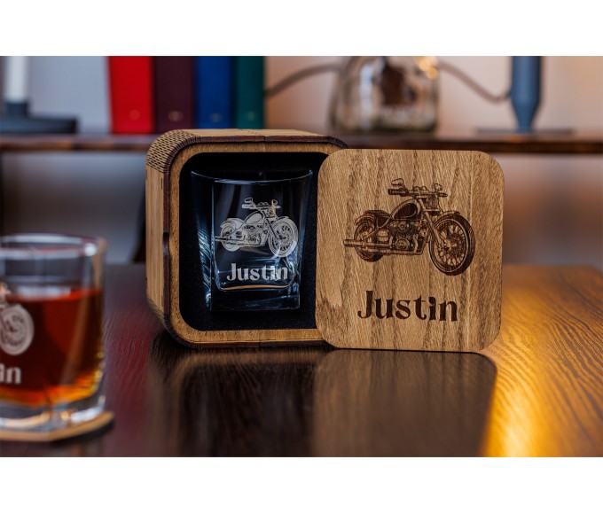 Whiskey gift set vintage motorcycle glass in wood box 