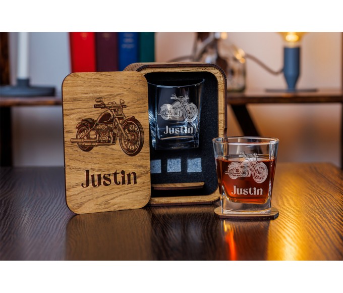 Whiskey gift set vintage motorcycle glass in wood box 