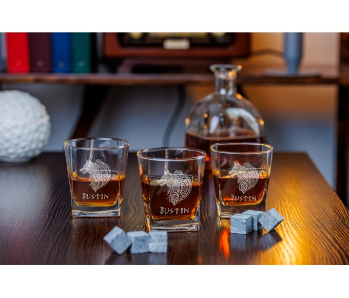 Engraved Whiskey Glasses Fenrir wolf Whiskey Set Bar Accessories Gifts for Him Personalized Gifts Bourbon glass Christmas Gift