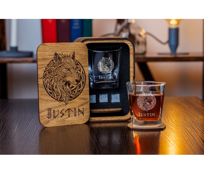  Personalized whiskey gift set in wood box , Engraving Fenrir: A Symbol of Strength and Cunning. Viking Inspired, wolf whiskey  gift set in wood box